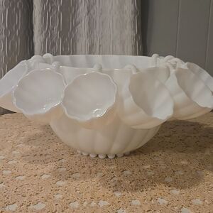 Vintage Hazel Atlas Milk Glass Alpine White Swirl Punch Bowl Set 11 Peace
